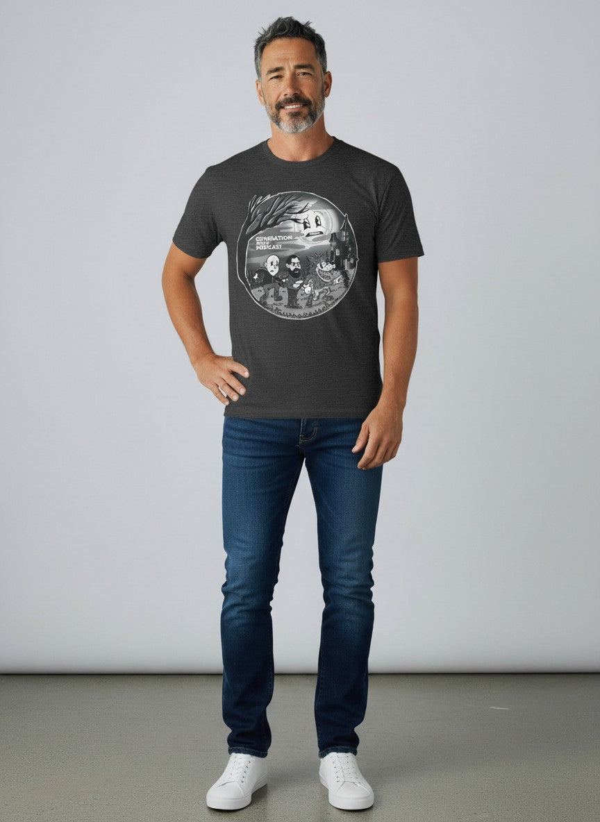 Black and white olde timey werewolf tee on a man with a beard