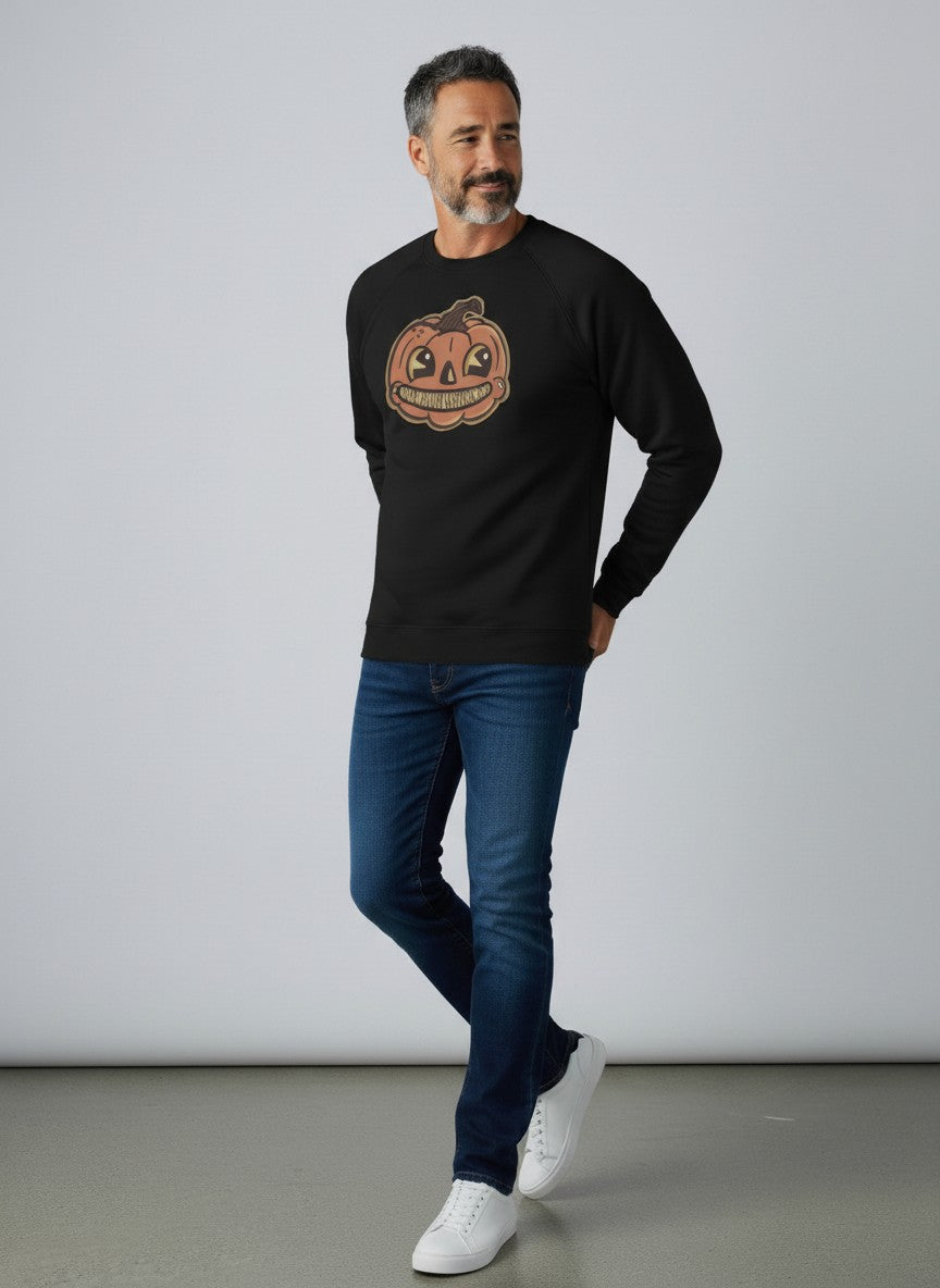 A man wearing the black jack o lantern sweatshirt