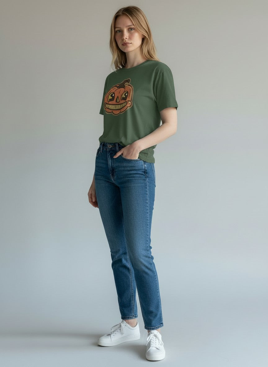 A slender woman with blond hair wearing the jack o lantern tee