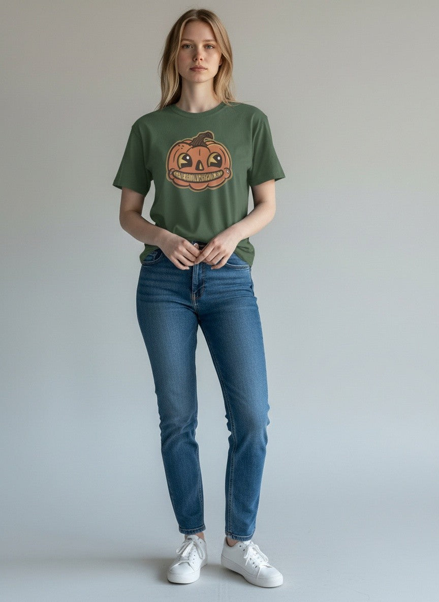 A woman wearing the military green tee with the jack o lantern design