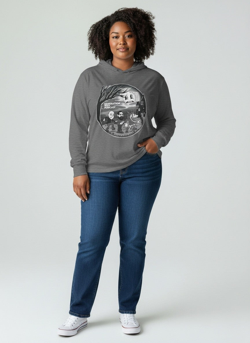 A woman wearing the hooded long sleeve tee with olde timey werewolf design in black and white